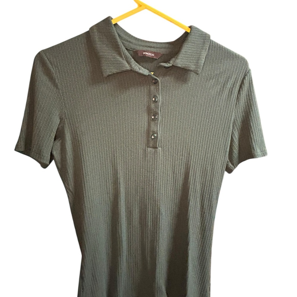 Olive Ribbed Polo Button-Front Tee